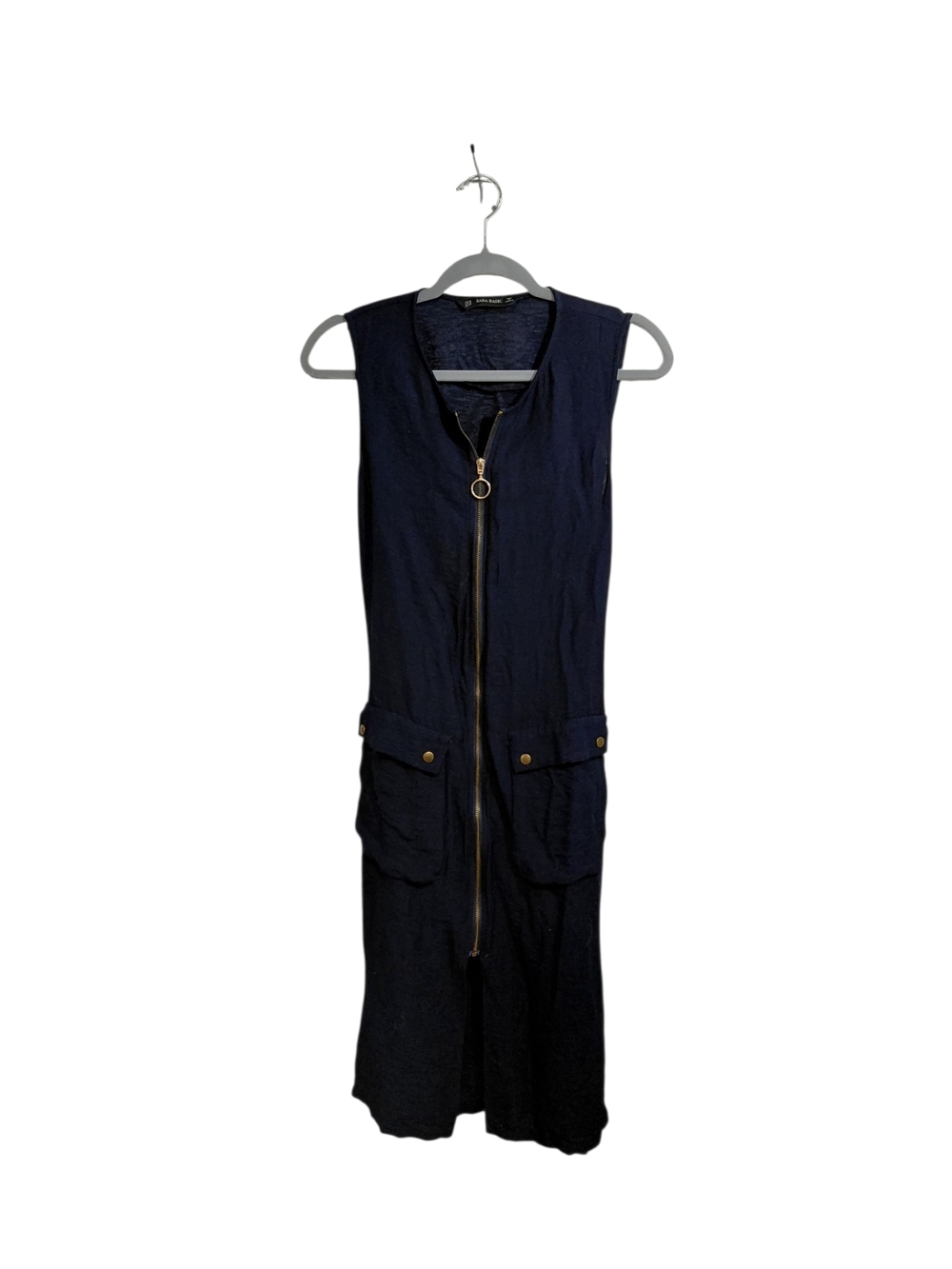 Zara Navy Sleeveless Zip-Front Midi Dress with Pocket Tabs